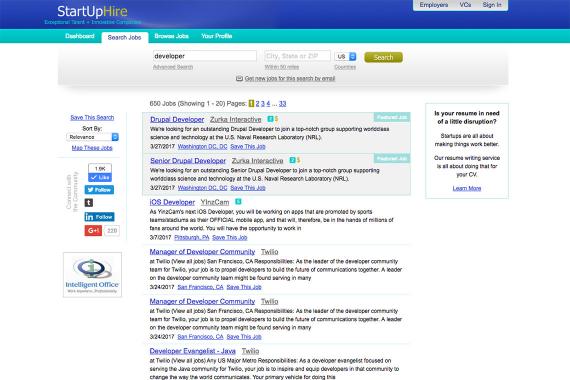 Screen Shot of StartUpHire Website